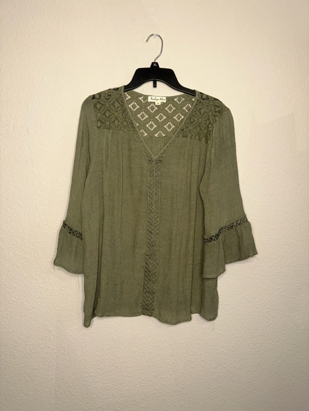 Crochet-Trim Olive V-Neck Tunic Top